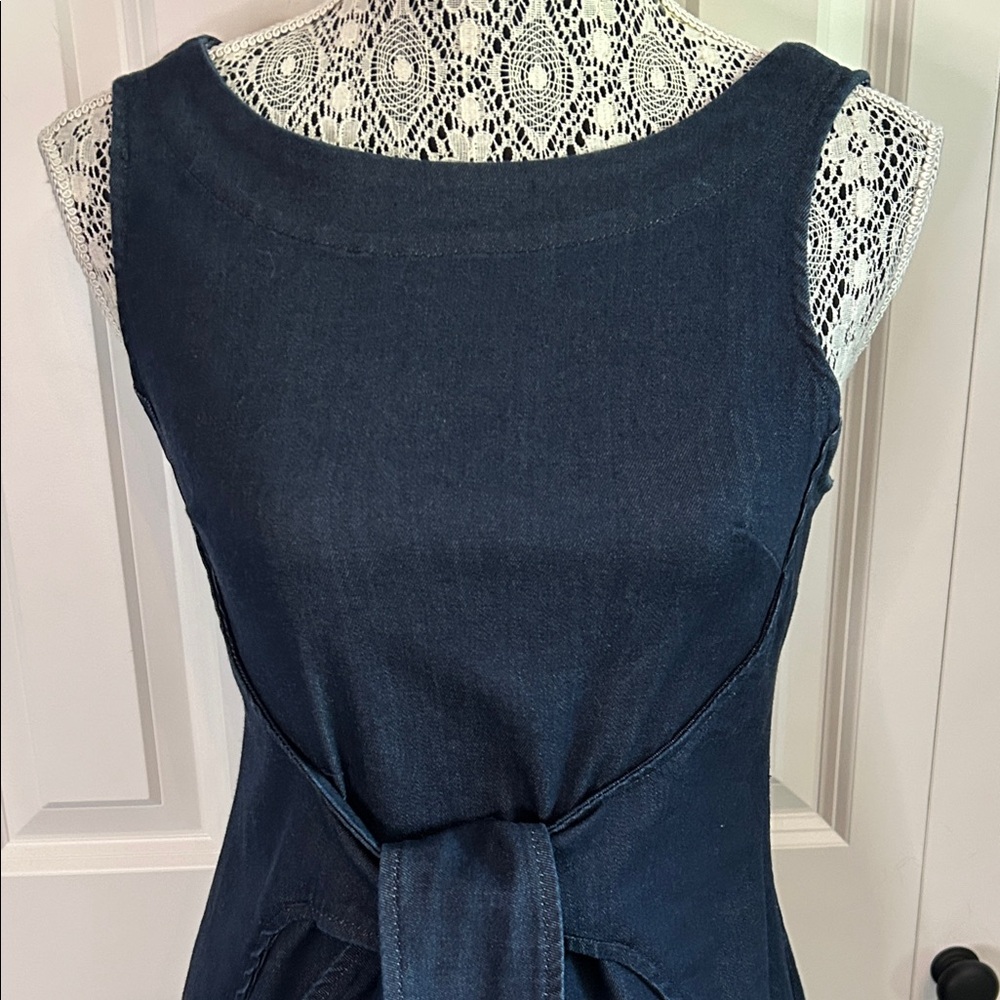 Anthro Holding Horses Fab Dark Navy Blue Denim Sleeveless Dress w/tie front
